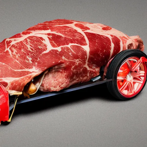 Prompt: A car with a chassis entirely comprised of meat