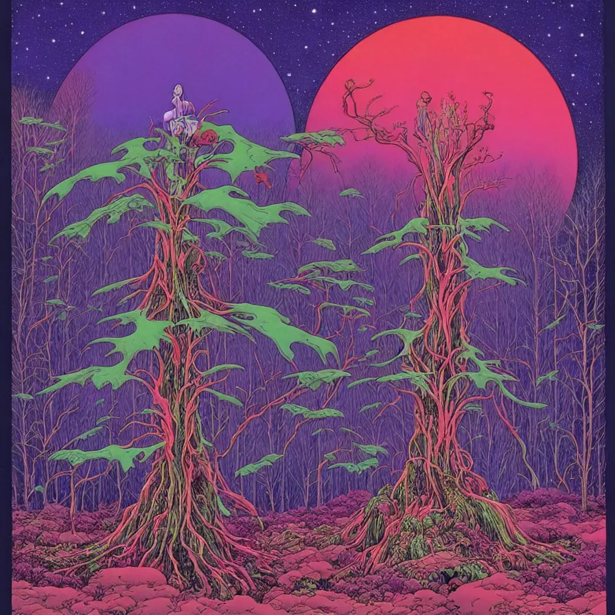 Image similar to ( ( ( strange forest on an unknown planet ) ) ) by mœbius!!!!!!!!!!!!!!!!!!!!!!!!!!!, overdetailed art, colorful, record jacket, warm tones, bioluminescent