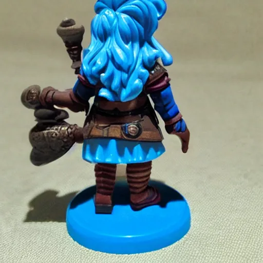 Prompt: Detailed mini figure of a female gnome artificer with blue hair, DND 5e