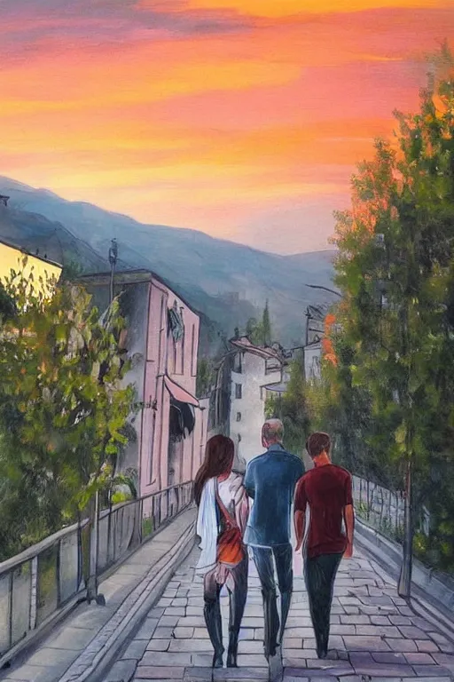 Prompt: two lovers are walking on a beautiful sarajevo sunset, trending on art station