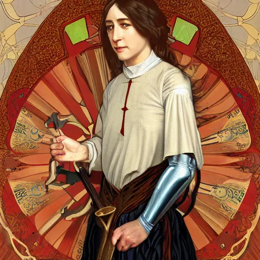 Image similar to portrait of charlotte gainsbourg as joan of arc, hyperreal digital painting, iconography influenced by alphonse mucha and eugene delacroix, arstation and deviantart trends, high resolution 8 k