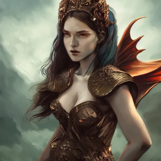 Image similar to A stunning comic book style portrait painting of a dragon goddess, wide view, in the style of WLOP, 8k masterpiece, cinematic lighting, pristine and clean design, high fantasy, insanely detailed, atmospheric,