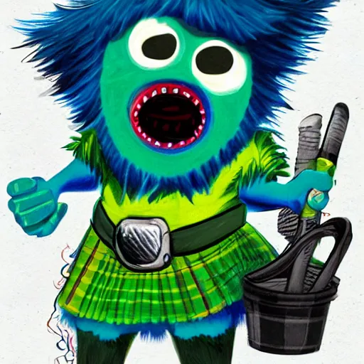 Image similar to a tennis ball monster wearing a scottish kilt, big mustache, scotland blue, digital art, fantasy, magic, chalk, trending on artstation, ultra detailed, professional illustration by basil gogos