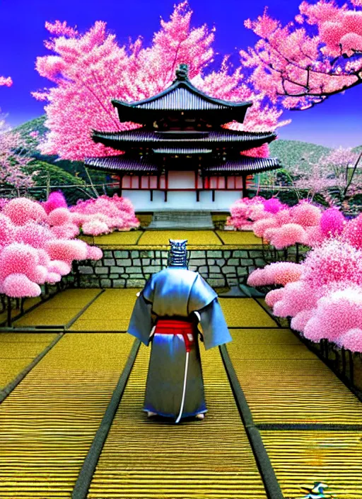 Prompt: 3 d render of catholic knight samurai in a sakura temple ruins landscape, sakura season, against a psychedelic surreal background with 3 d butterflies and 3 d flowers n the style of 1 9 9 0's cg graphics against the cloudy night sky, lsd dream emulator psx, 3 d rendered y 2 k aesthetic by ichiro tanida, 3 do magazine, wide shot
