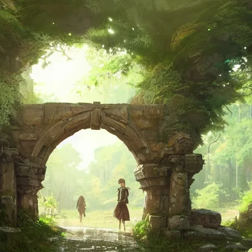 Image similar to concept art painting of an ornate ancient stone archway, in the woods, realistic, detailed, cel shaded, in the style of makoto shinkai and greg rutkowski and james gurney