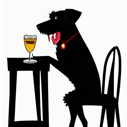 Image similar to a shaggy black dog with vampire fangs drinking at a bar while sitting on a stool. Illustration.