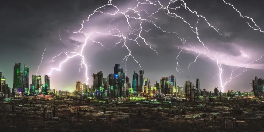 Image similar to post apocalyptic landscape lightning buildings neon lasers