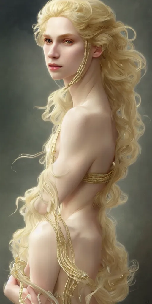 Prompt: a realistic liquid pale blond prince with a decorated dress made of white pearls , highly detailed, digital painting, very very very pale skin, long curly blond hair, Trending on artstation , HD quality, by artgerm and greg rutkowski and alphonse mucha, dramatic light, octane