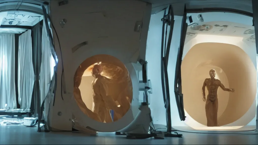 Image similar to an mri image open mri exposed uncovered machine portal in the living room, film still from the movie directed by denis villeneuve with art direction by salvador dali, wide lens