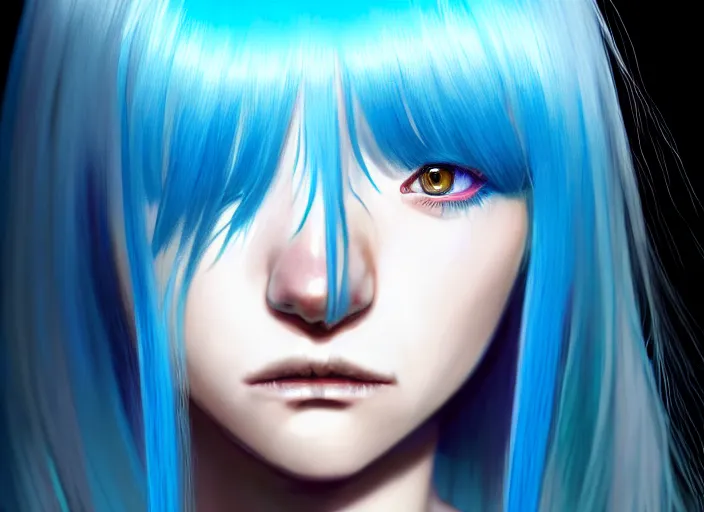 Image similar to full face shot of rimuru tempest, sky blue straight hair, long bangs, with amber eyes, wearing a black jacket, high collar, ultra detailed, concept art, award winning photography, digital painting, cinematic, wlop artstation, closeup, pixiv, evil, yoshitaka amano, andy warhol, ilya kuvshinov,