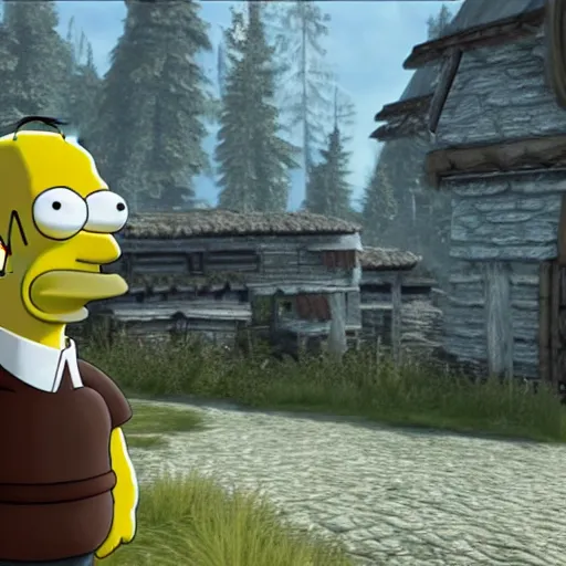 Prompt: homer simpson as an npc in skyrim, the elder scrolls video game screenshot