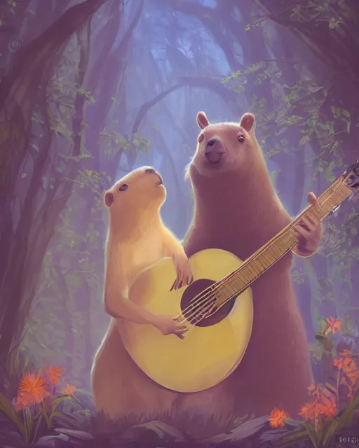 Prompt: Capybara playing Guitar in magical forest, portrait, magical notes, flowers, flower dress, fairy atmosphere, magic the gathering artwork, D&D, fantasy, cinematic lighting, centered, symmetrical, highly detailed, digital painting, artstation, concept art, smooth, sharp focus, illustration, volumetric lighting, epic Composition, 8k, art by Akihiko Yoshida and Greg Rutkowski and Craig Mullins, oil painting, cgsociety