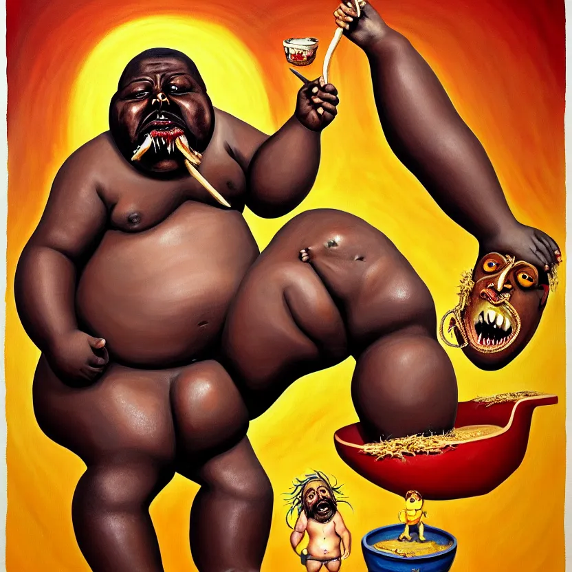 Image similar to painting of a very fat flesh - eating tsikalawe with a thick moustache sitting on a throne, eating the leg of a terrified man, his hair is a nuclear explosion, cute, hilarious, disturbing, nightmare, highly detailed, funny, hahahaha, by david cronenberg, found on artstation, hyperrealistic digital art