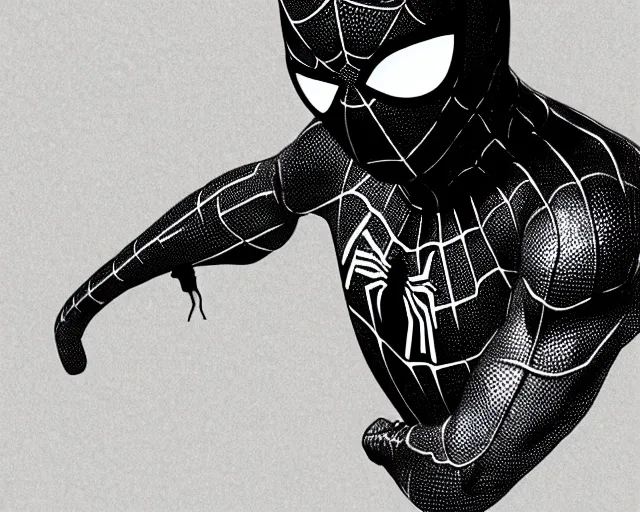 Image similar to photorealistic sketch of black spider - man with gold webbing