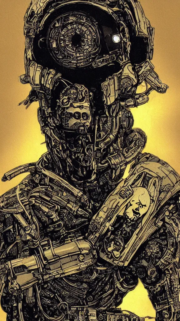 Image similar to portrait of a dead cyberpunk space pirate in concept armor with golden cyborg skull in a futuristic prototype oxygen intake helmet by Abigail Larson + Alan Lee + Audrey Kawasaki + Giovanni-Piranesi + Winsor-McCay + Howard-Pyle, headshot, 8k vhs glitch, cinematic, sharp focus, smooth, sense of awe