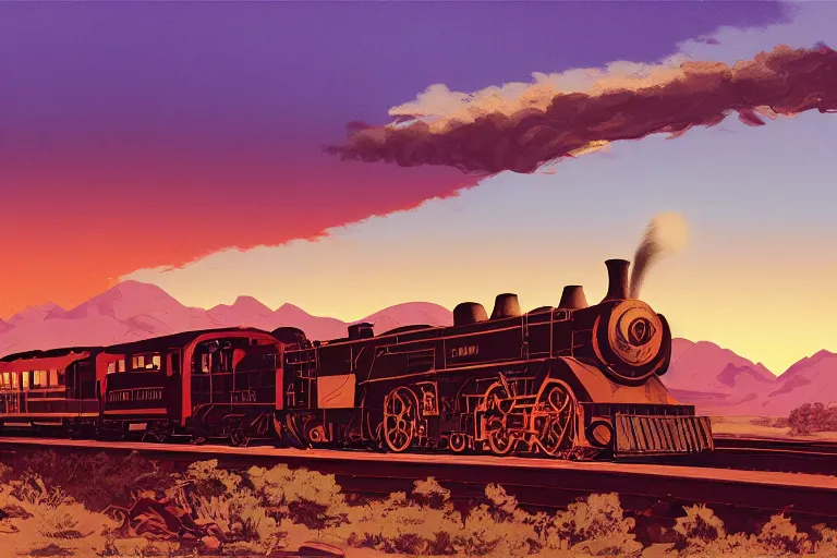 Image similar to idyllic old western train station illustration by syd mead, artstation, 4 k, graphic novel, concept art, matte painting, steam engine spewing billowy clouds of steam, beautiful mountain desert sunset background, golden hour