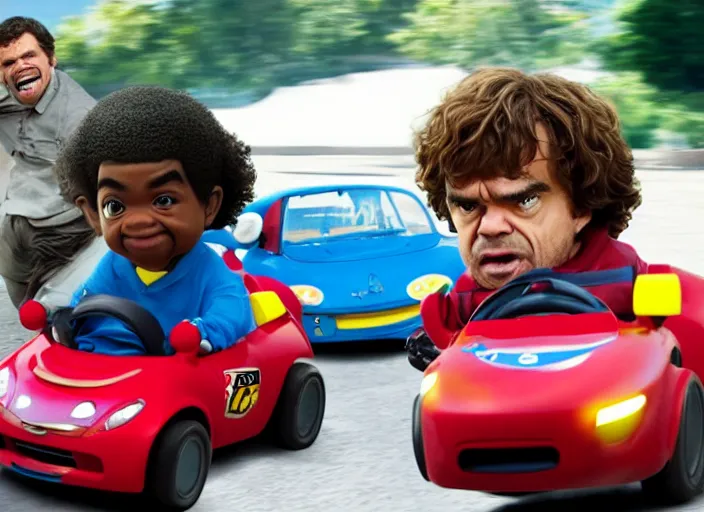 Image similar to peter dinklage racing gary coleman driving a little tikes cars, movie still, from the new fast and furious movie, 8 k, realistic