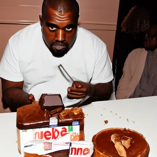 Image similar to extremely fat Kanye west eating Nutella from the bottle