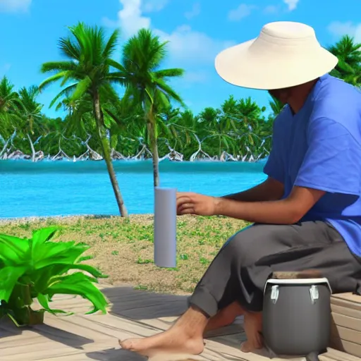 Image similar to man in a blue bucket hat playing a midi controller launchpad ableton live from a beautiful island in the tropics, photo realistic, 4 k render, cinema 4 d, maya, zbrush, portrait,