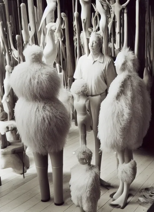 Image similar to realistic photo of the family wearing fluffy shorts, faceless, no face, polished and fancy, standing in the wooden expensive interior room full of wooden bird idol sculptures 1 9 9 0, life magazine reportage photo