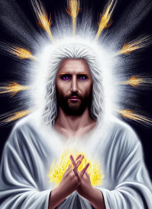 Image similar to « portrait of the white - haired jesus in a white robe and flaming yellow eyes, holding seven stars in right hand, grim colors, very realistic, high - contrast, intricate, elegant, highly detailed, digital painting, artstation, concept art, smooth, sharp focus, illustration »