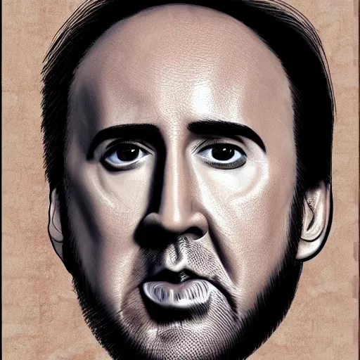 Prompt: nicolas cage looks like pomegranate, caricature concept art, artstation