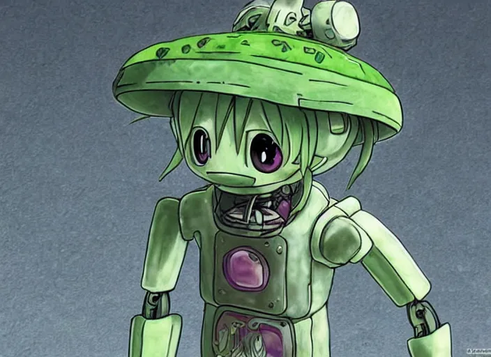 Prompt: robot made of vegetables, in made in abyss style