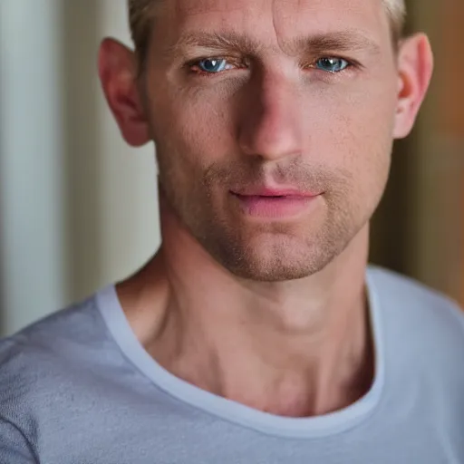 Prompt: color photograph of a 40 year old very handsome white skinny man with short, curly, blond hair and very small blue eyes, dressed in a white t shirt, gray shorts and black socks, with a small mole to the right of his very thin lips, with a straight nose and blond stubble, with a round face, and an earring in the left ear. He resembles a lion.