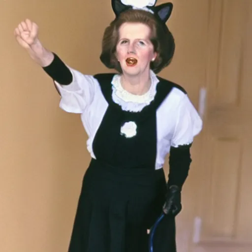 Prompt: Margaret Thatcher with cat ears and a maid outfit