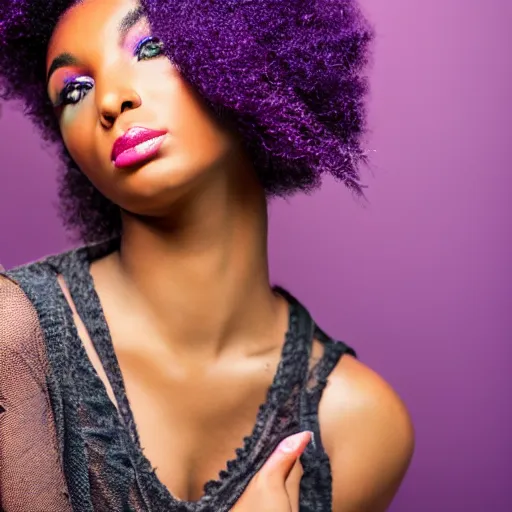 Image similar to a realistic model photoshoot of a black girl with purple afro hair, beautiful, model, professional picture, realistic, 4 k, bright light, portrait