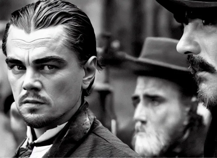 Prompt: an action scene from the movie gangs of new york, medium long shot, leonardo dicaprio and daniel day - lewis, sharp eyes, serious expressions, detailed and symmetric faces, black and white, cinematic, epic,