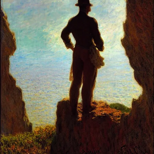 Image similar to a person standing on a cliff, looking out at the ocean, by gaston bussiere, craig mullins, j. c. leyendecker, claude monet