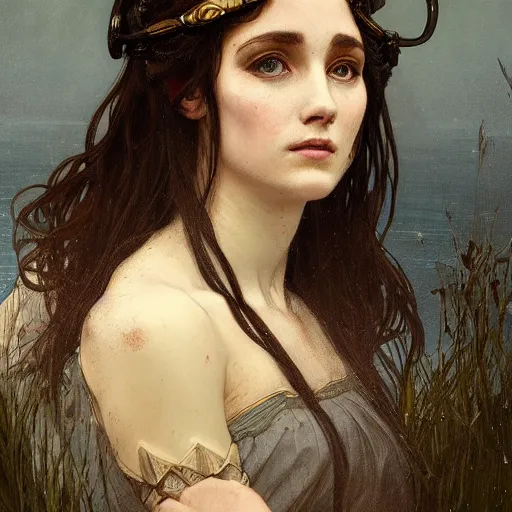 Image similar to A bust portrait of A female knight sitting by the lake by greg rutkowski and alphonse mucha,In style of Dark Fantasy digital art illustration.WLOP.hyper detailed,smooth, sharp focus,trending on artstation,4k