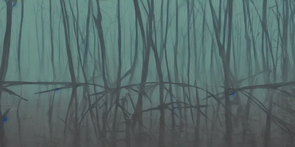 Prompt: painting of a strange creature in a murky swamp, muted colors, creepy