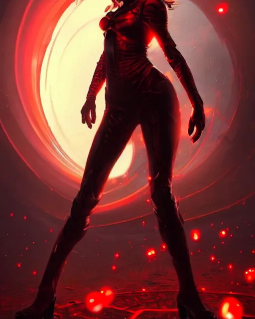 Image similar to Milla Jovovich surrounded by a red force field bubble and levitating high in the air above a destroyed dystopian city by night, shot from behind, ultra-wide angle, D&D, fantasy, intricate, elegant, highly detailed, digital painting, artstation, concept art, matte, sharp focus, illustration, hearthstone, art by Artgerm and Greg Rutkowski and Alphonse Mucha