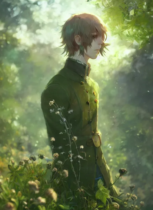 Image similar to a portrait of the male emerald herald in the garden, intricate, tone mapped, ambient lighting, highly detailed, digital painting, artstation, concept art, sharp focus, by makoto shinkai and akihiko yoshida and hidari and wlop