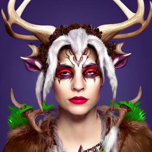 Image similar to tiefling druid with deer antlers growing out of their head and large tribal jewelry and face paint