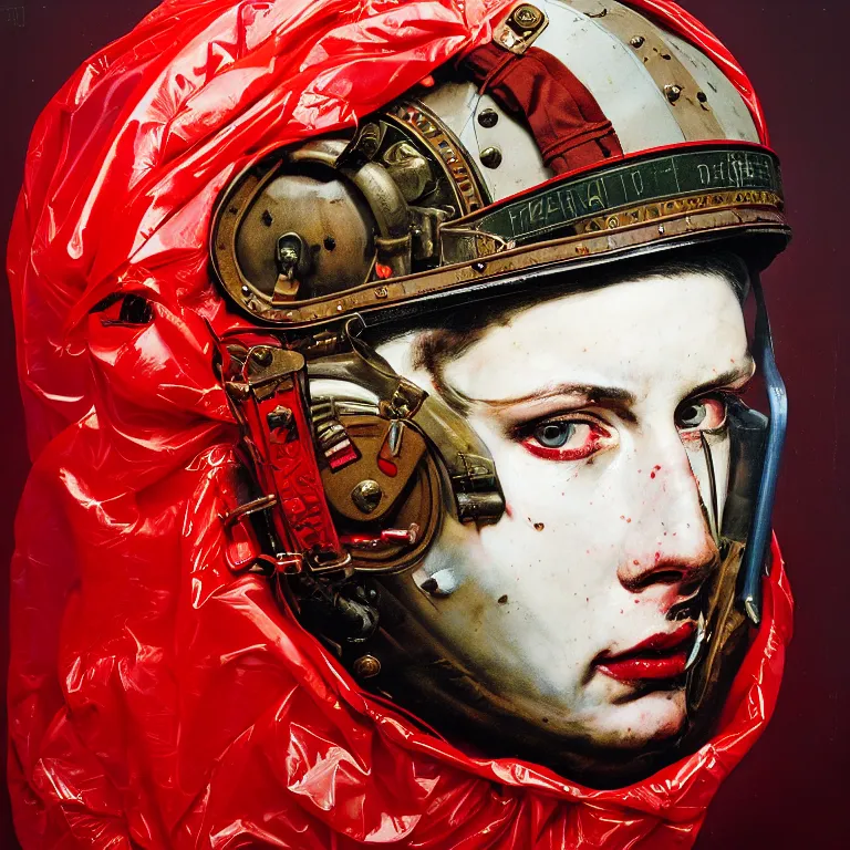 Image similar to portrait of a third reich soldier in ornate motorcycle dirt helmet in a helmet background red plastic bag, circuitboard,, rich deep colors, ultra detail, by francis bacon, james ginn, petra courtright, jenny saville, gerhard richter, zdzisaw beksinsk, takato yamamoto. masterpiece, elegant fashion studio ighting 3 5 mm