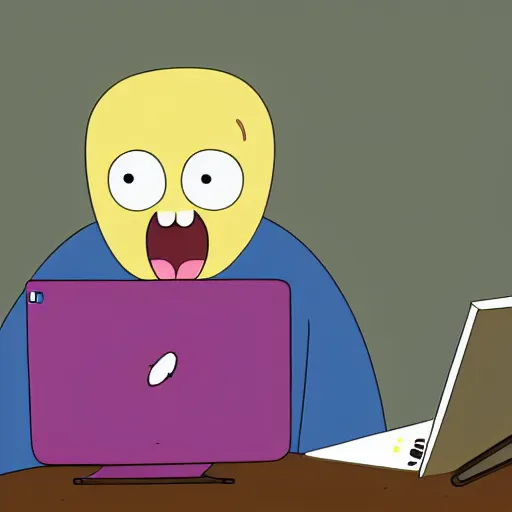 Image similar to a very animated tired person with bloodshot eyes and tongue out staring at the computer with despondence, adventure time animation style