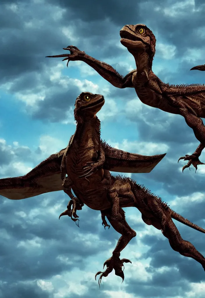 Image similar to a child looking at a velociraptor flying in the sky in the style of a movie poster, realistic, super detailed, cinematographic, epic lighting