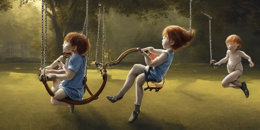 Image similar to hyperrealistic photography of a gentle cyborg pushing an android child on a swing in a cyborg park in the style of Jin Kagetsu, patricia piccinini, James Jean and wlop, highly detailed, masterpiece, award-winning, sharp focus, intricate concept art, ambient lighting, 8k, artstation