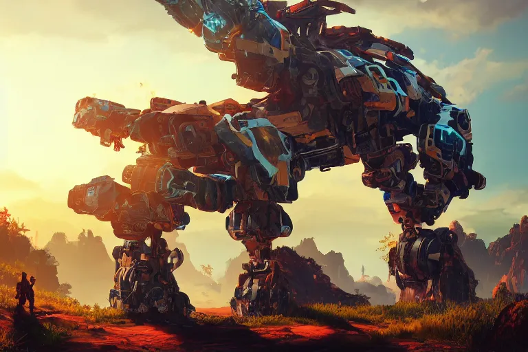 Image similar to rockbreaker machine mecanical creature robot of horizon forbidden west horizon zero dawn radiating a glowing aura global illumination ray tracing hdr fanart arstation by ian pesty and alena aenami artworks in 4 k