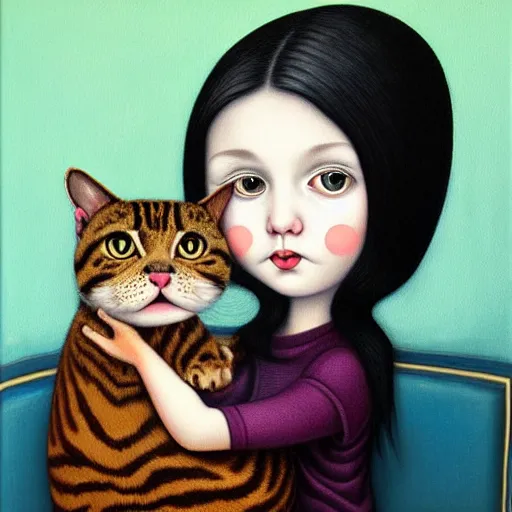 Image similar to Girl holding an annoyed cat, lowbrow painting by Mark Ryden