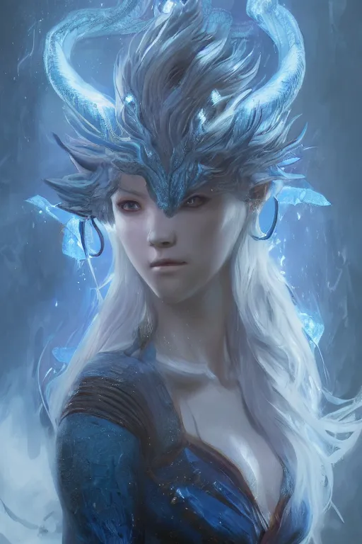 Image similar to a fancy portrait of an attractive blue dragon women by Greg Rutkowski, Sung Choi, Mitchell Mohrhauser, Maciej Kuciara, Johnson Ting, Maxim Verehin, Peter Konig, final fantasy , mythical, 8k photorealistic, cinematic lighting, HD, high details, atmospheric,