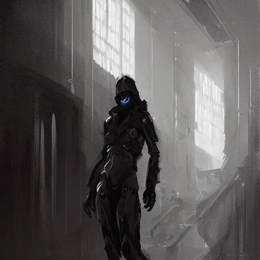 Image similar to concept art by greg rutkowski, a very tall and slender cyborg, talking to a short woman dressed in a utilitarian white and black jumpsuit, high tech and futuristic white walled environment, unnatural lighting, uncanny atmosphere, frightening and creepy atmosphere, scifi, highly detailed portrait, digital painting, artstation, concept art, smooth, sharp foccus ilustration, artstation hq