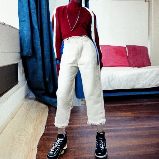 Image similar to realistic! photoshoot for a new vetements lookbook, color film photography, portrait of a beautiful woman, location in a apartment, in style of tyler mitchell, 35mm