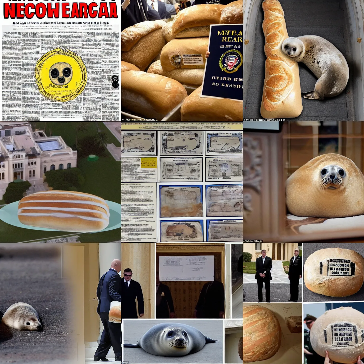 Prompt: nuclear weapons documents explode out everywhere in mar - a - lago as a baby seal! agent disguised as a loaf of bread raids the facility