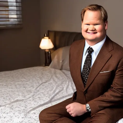Prompt: Andy Richter is wearing a chocolate brown suit and necktie. He is in a bedroom lit by bright morning light and sitting upright in a bed stretching his arms. His mouth his wide open from yawning.
