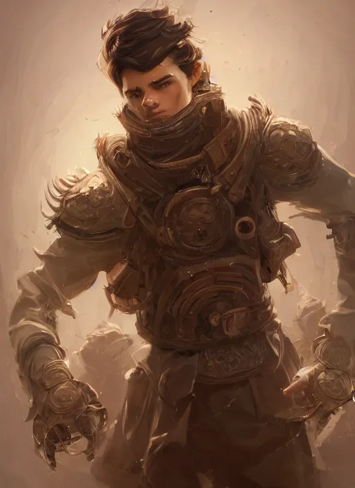 Image similar to a highly detailed illustration of thick wavy brown haired young white guy wearing brown coat and wearing face mask with many mechanical arms on his back, dramatic hands in pocket standing pose, intricate, elegant, highly detailed, centered, digital painting, artstation, concept art, smooth, sharp focus, league of legends concept art, WLOP