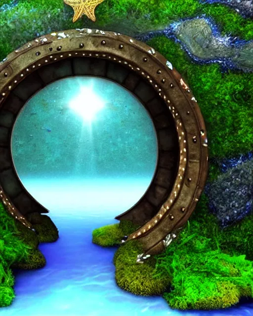 Image similar to underwater otherworldly stargate, entrance to atlantis populated sealife, moss, rocks, epic scenery, far, starry gate photorealistic